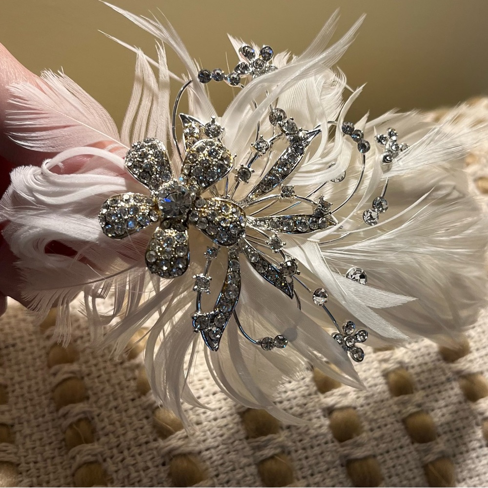 Wedding Hair Clip with feathers, Metallic Flowers & crystals